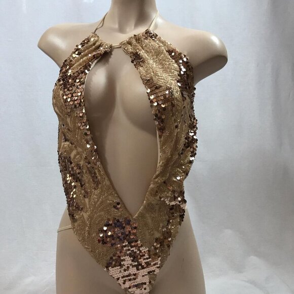 Gold Sequence Size Medium Bodysuit Sexy Long - Picture 2 of 3